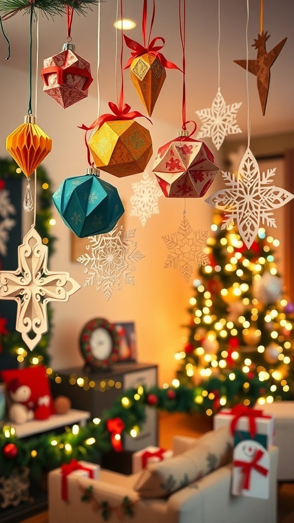 Handmade paper Christmas decorations including origami ornaments, snowflakes, and garland in a festive living room.